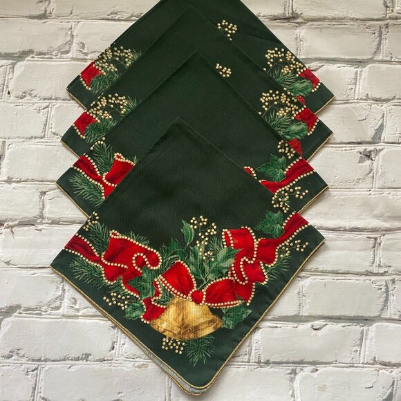 Set of 4 Red, Green & Gold Christmas Cloth Napkins With Holiday Bell & Ribbon - Picture 1 of 3